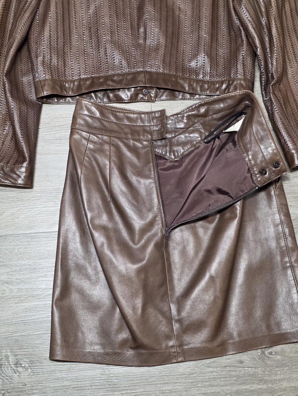 Vintage 80's Dita Martin Design Leather Jacket Sz 10 & Skirt Sz 8 Set Brown - Picture 9 of 11
